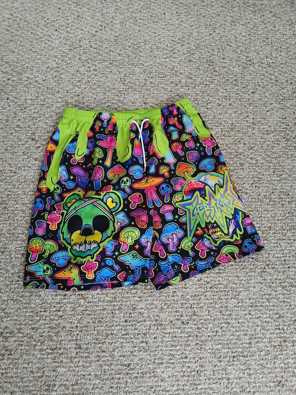 SHEIN Men's Neon Multicolor Mushroom & Bear Print Swim Board Shorts Size Medium